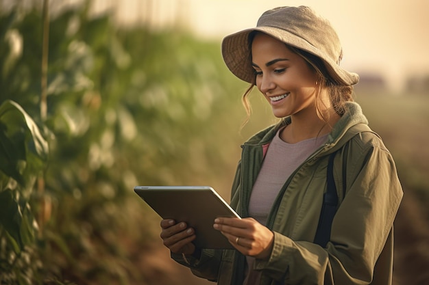 an agricultural woman smiles while working in a field with a tablet bokeh style background