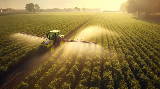 Сельское хозяйство Воздушный вид поля сои весеннего поколения, опрыскиваемого пестицидами трактором концепция сельскохозяйственной инновации Generative Ai