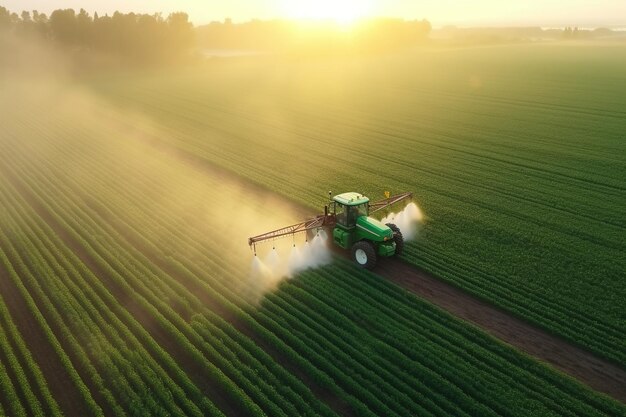 Agriculture concept Tractor Spraying Pesticides on Green Plantation Aerial View generative ai