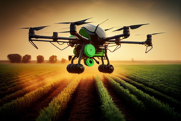 Agriculture drone fly to sprayed fertilizer on fields garden farm