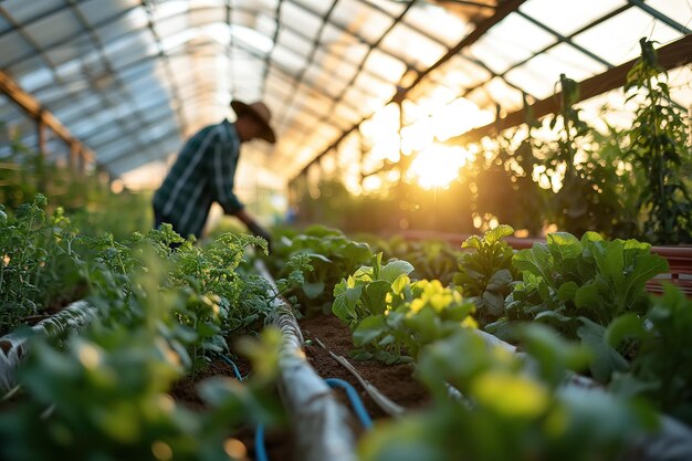 温室で働く農業の農夫クローズアップ前面に選択的な焦点を当てます