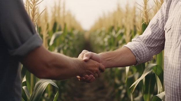 農業 ジェネレーティブ AI テクノロジーを使用したトウモロコシ農場での農家の握手