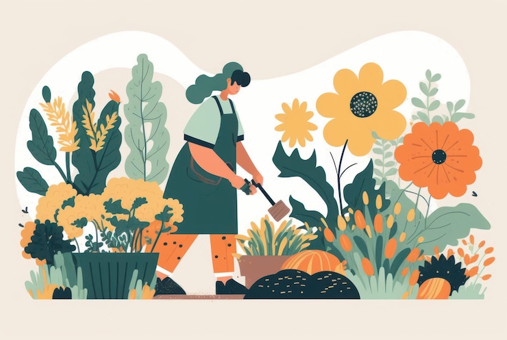 Photo agriculture gardener hobby and garden job woman planting gardens flowers gardener flowers flat vector illustration
