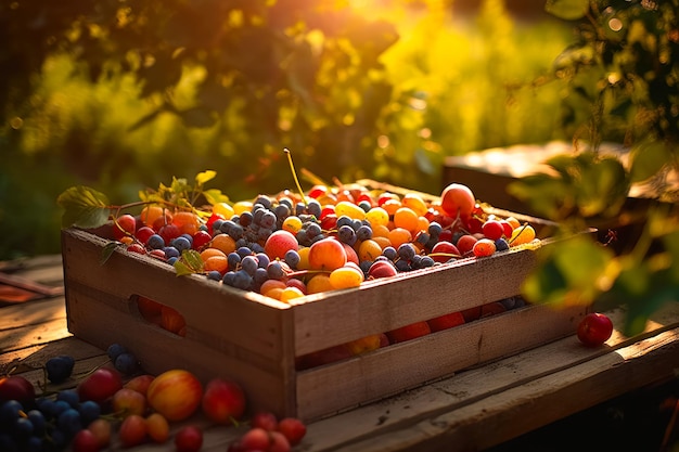 Agriculture and harvesting concept with fresh fruits in wooden boxes farm garden Ai generated