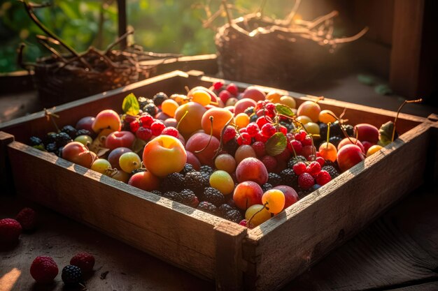 Agriculture and harvesting concept with fresh fruits in wooden boxes farm garden Ai generated