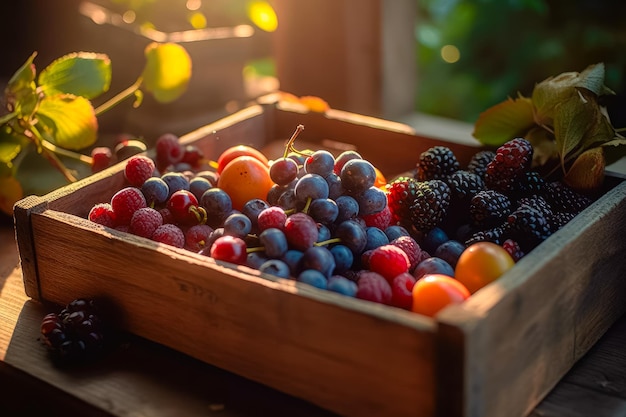 Agriculture and harvesting concept with fresh fruits in wooden boxes farm garden Ai generated