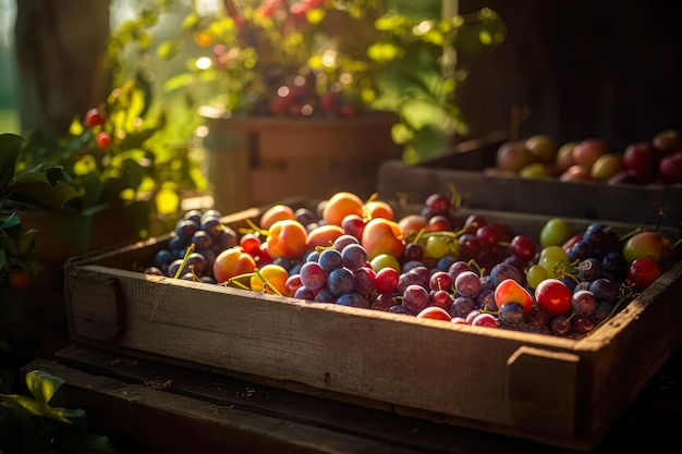 Foto concetto di agricoltura e raccolta con frutta fresca in scatole di legno giardino agricolo ai generato