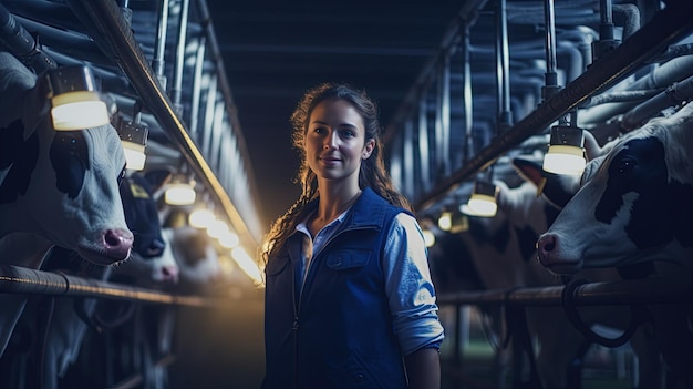 Agriculture industry dairy farming Dairy farmer female working and holding milk tank in cowshed on dairy farm