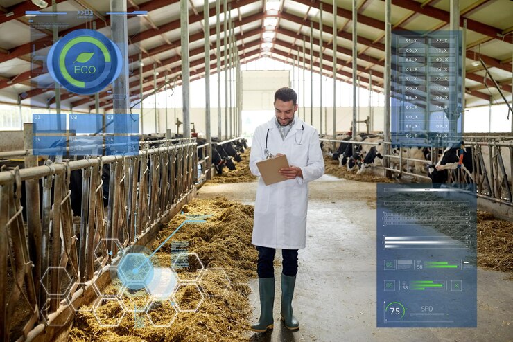 फोटो agriculture industry, people and animal husbandry concept - veterinarian or doctor with clipboard and herd of cows in cowshed on dairy farm