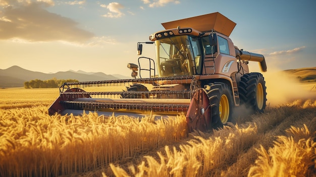 Agriculture machinery cutting the ripe wheat at sunset