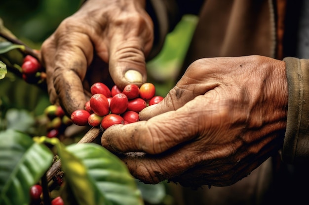 Agriculture picking coffee berries Farmer's hand picking Arabica coffee berries or Robusta berries by the hands Vietnam Generative Ai