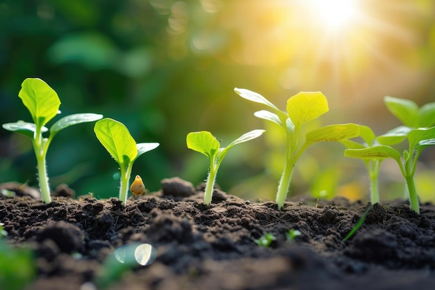 agriculture plant seeding growing step concept in garden and sunlight