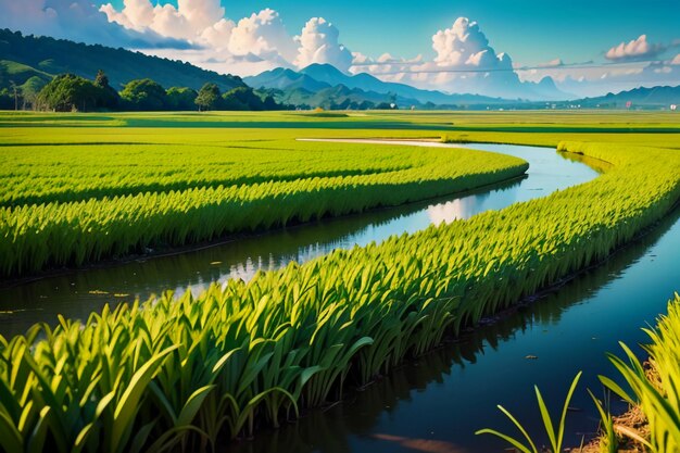 Agriculture Planting paddy Rice Grain Farm Field Wallpaper Background Nature Landscape