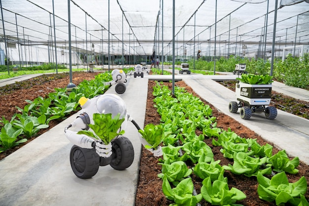 스마트 농업 농업 개념 3d 렌더와 함께 스마트 팜 미래 5G 기술에서 작동하는 농업 로봇 및 자율 자동차
