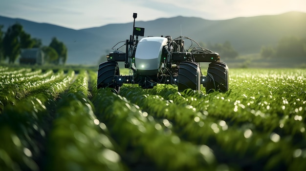 Foto agricoltura robotica e auto autonome che lavorano in fattoria intelligente tecnologia 5g futura