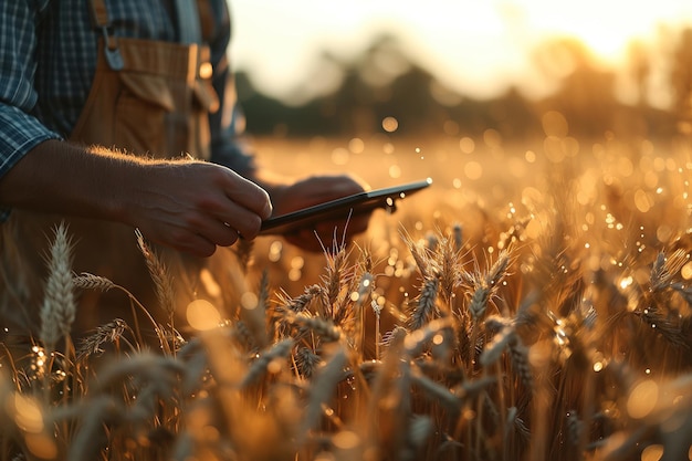 Photo agriculture and technology closeup of a farmer using a tablet in a wheat field