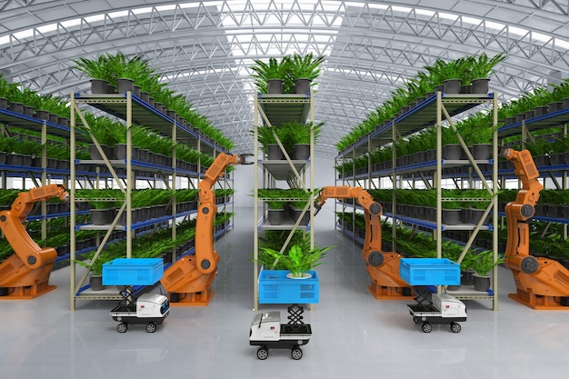 Agriculture technology concept with 3d rendering robotic arm inÂ  greenhouse