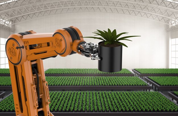 Agriculture technology concept with 3d rendering robotic arm inÂ  greenhouse