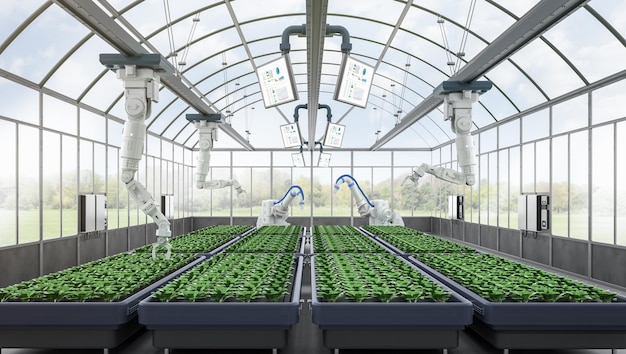 Tecnologia agricola con assistente robot in fattoria coperta o in serra