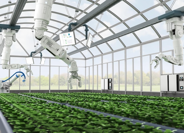 Photo agriculture technology with robot assistant in indoor farm or glasshouse