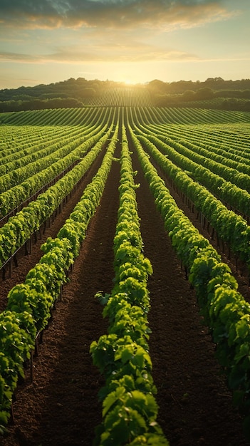 Agriculture view green field with orderly rows of vines Vertical Mobile Wallpaper