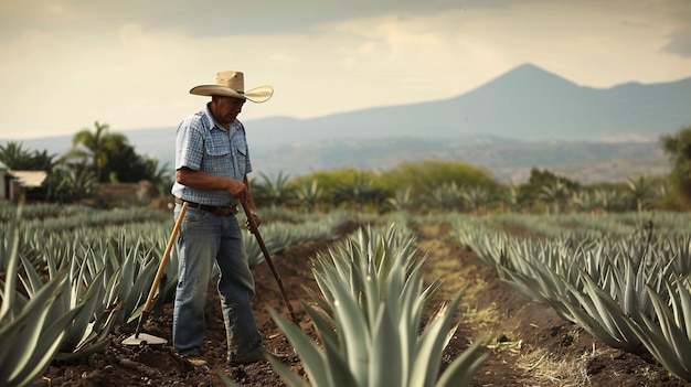 The agriculturist is clearing the agave plantation using his instrument