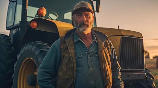 Photo agriculturist portrait of happy farmer standing near a tractor or a combine harvester in corn field agriculture generative ai