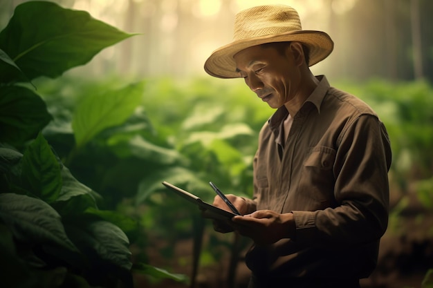 農業従事者は、モバイルからインターネットのコア データ ネットワークを利用して、新しい作物方法の検証と選択を行う 若い農家とタバコ栽培
