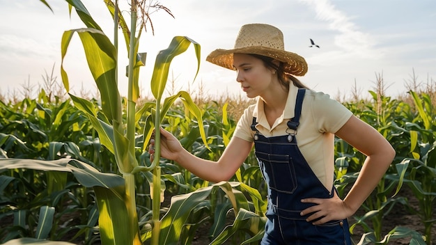 Agriculturist woman looks corn in the field