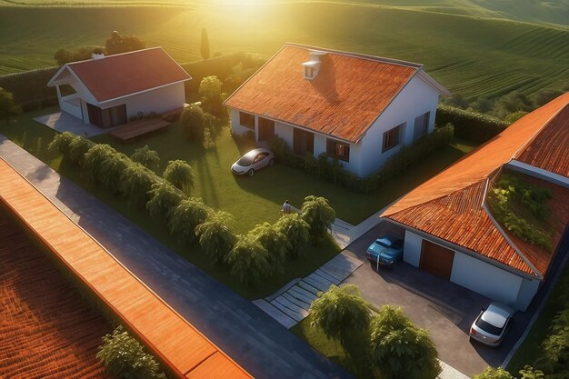 Agro 3D Render of Farm House Plantatin at sunset Cityscape Background