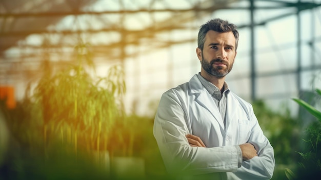 Foto ritratto di professione di agrochimico o agrobiologo su sfondo sfocato