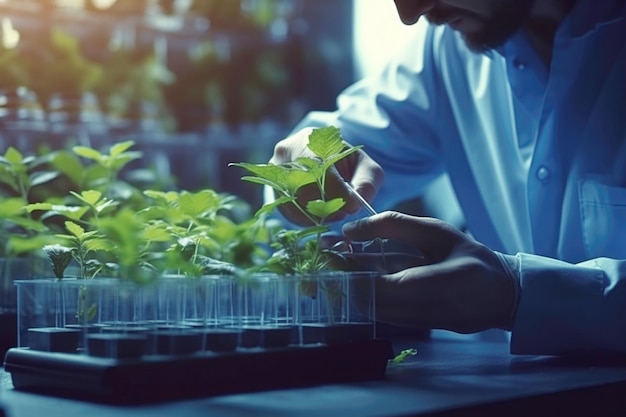 Photo agronomist biologist man growing green plants in laboratory made with generative ai technology