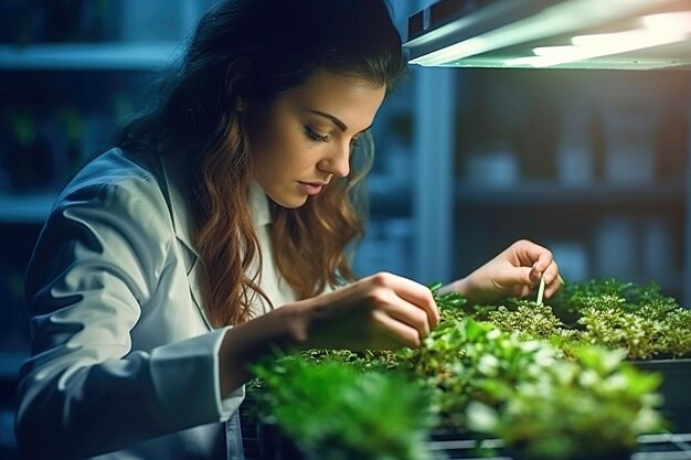 Foto donna biologa agronomo che coltiva piante verdi in laboratorio realizzato con tecnologia generativa ai