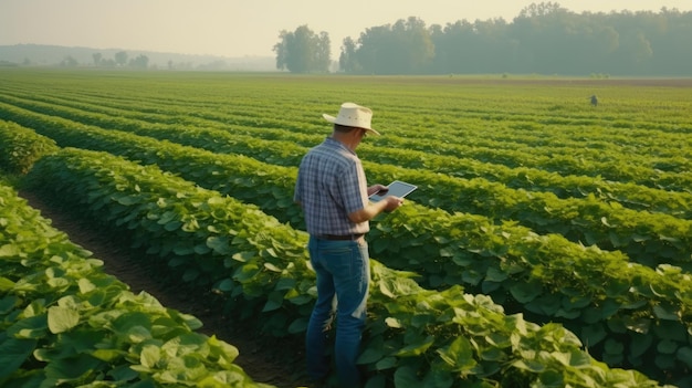 An agronomist checks the yield with drones in the fields Generative AI