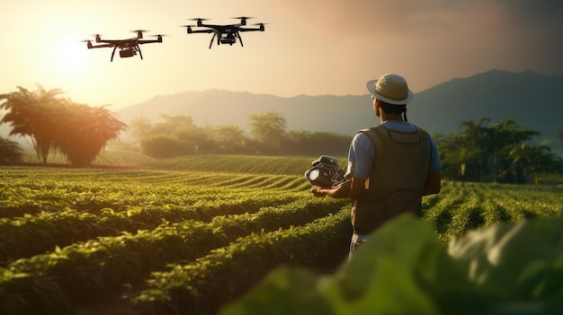 An agronomist checks the yield with drones in the fields