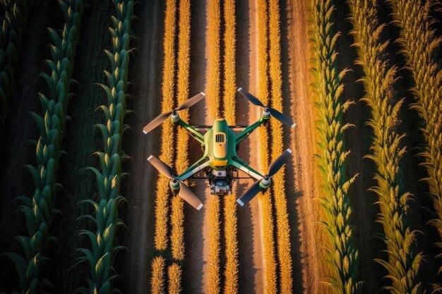 Photo agronomist drone advances through rows of crops and collects data on condition of plants