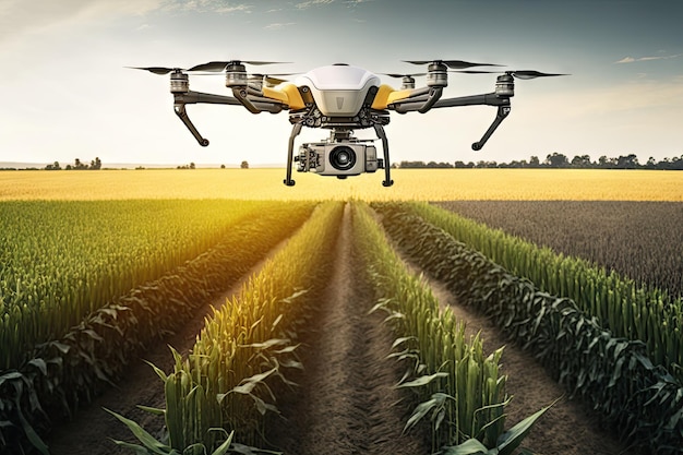 Agronomist drone flying over large farm field with crop created with generative ai