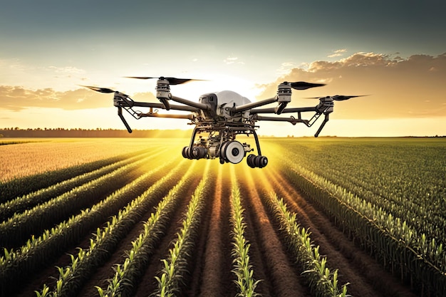 Agronomist drone flying over large farm field with crop