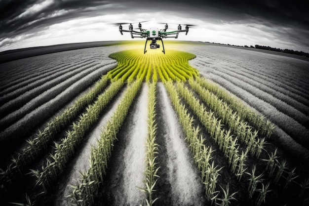 Foto drone agronomo che fa il giro tra file di cereali piantati nel campo degli agricoltori