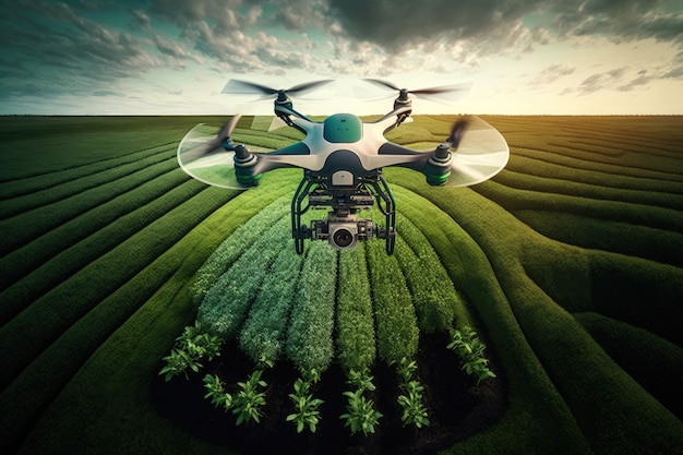 Agronoom-drone vliegt over een groot groen veld met kruiden gemaakt met generatieve ai