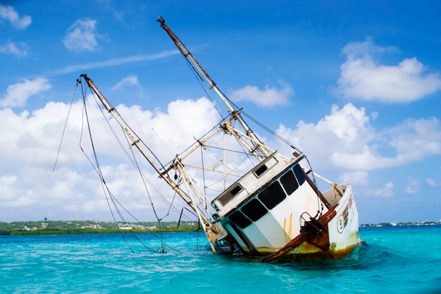 Aground boat in a caribbean sea