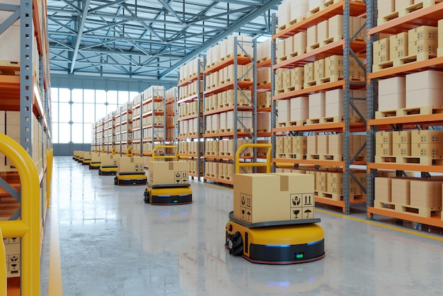 AGV Automated guided vehicle in warehouse logistic and transport3d rendering