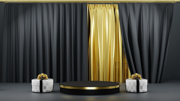 AH blue Mock up podium display for product presentation abstract gold background 3d scene render