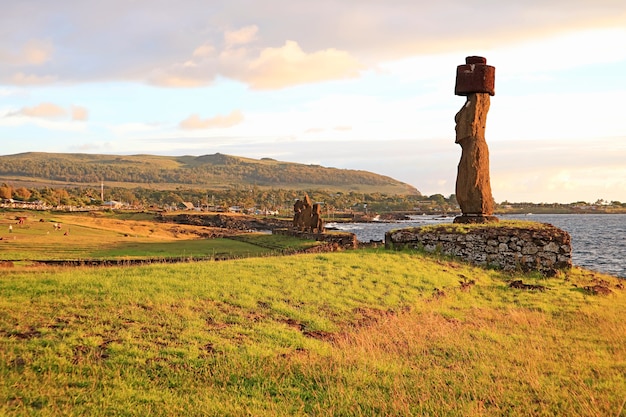 ahu ko te riku ceremonial platform with moai of ahu tahai in the backdrop easter island chile