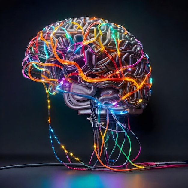 AI abstract image of a glowing humanliked brain made of intricate wires and cables