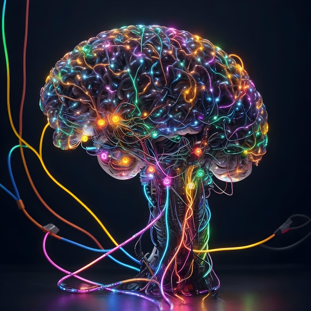 AI abstract image of a glowing humanliked brain made of intricate wires and cables