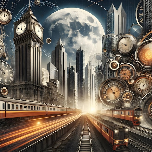 Абстрактное изображение небоскреба на фоне старинных поездов, часов, городского пейзажа и золотой луны