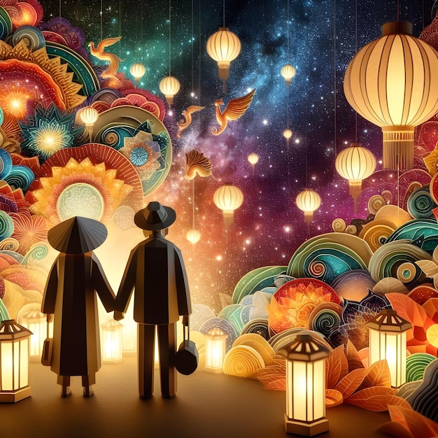 AI of abstract paper art in the 3D digital art of family celebrating Lunar Chinese New Year