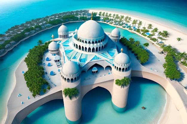 Аэрофотография величественной мусульманской мечети на поверхности кристально чистого моря