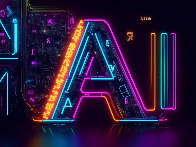 AI-alfabet met kleurrijke neon- en technologienetwerkelementen Generatieve AI-illustratie